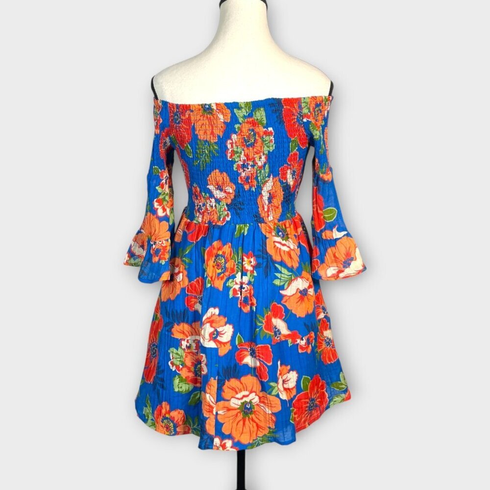 GUESS Charley Off-The-Shoulder Dress Sz MEDIUM Blue Floral Boho NEW - Picture 3 of 11